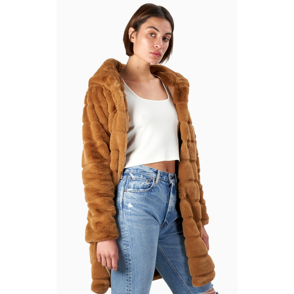 Anthropologie Apparis XS Faux Fur Celina Jacket $360 Hooded Long Mink Coat Camel - Picture 8 of 15